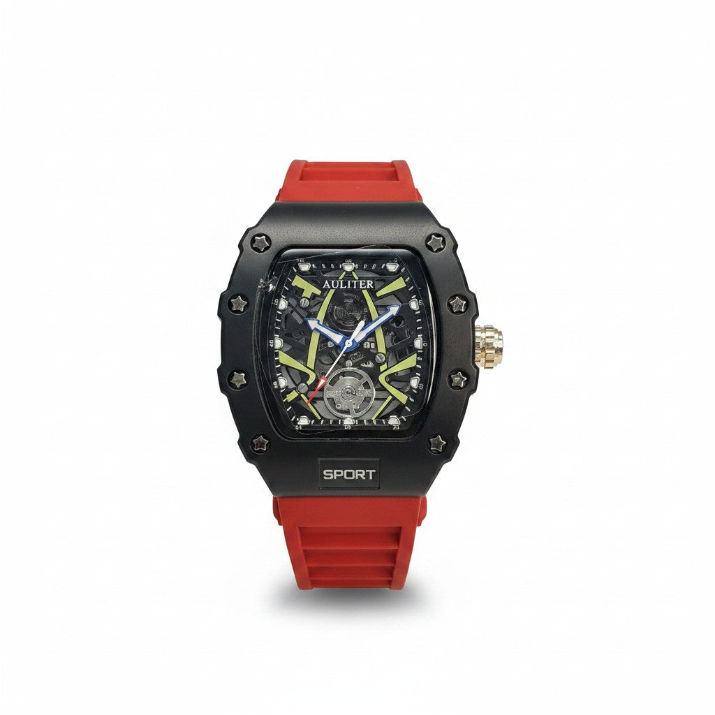 Black Skeleton Dial Tonneau Watch with Vibrant Red Silicone Strap