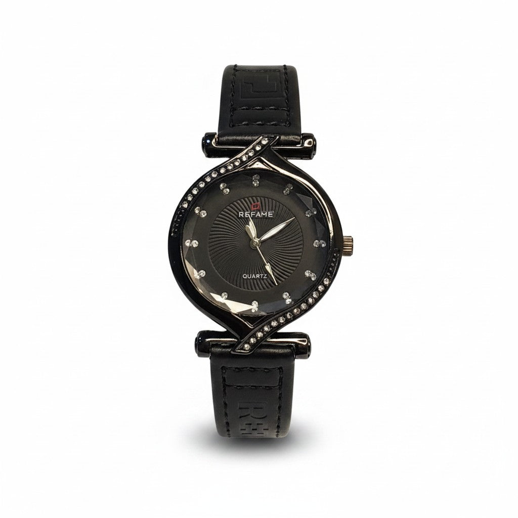 REFAME Women's Black Dial Analogue Watch - Rhinestone Accent