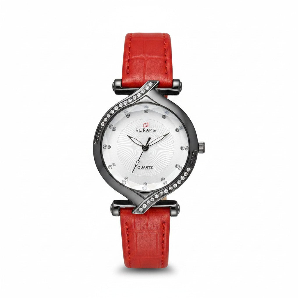 REFAME Women's Red Croco Strap Analogue Watch - Rhinestone Accent