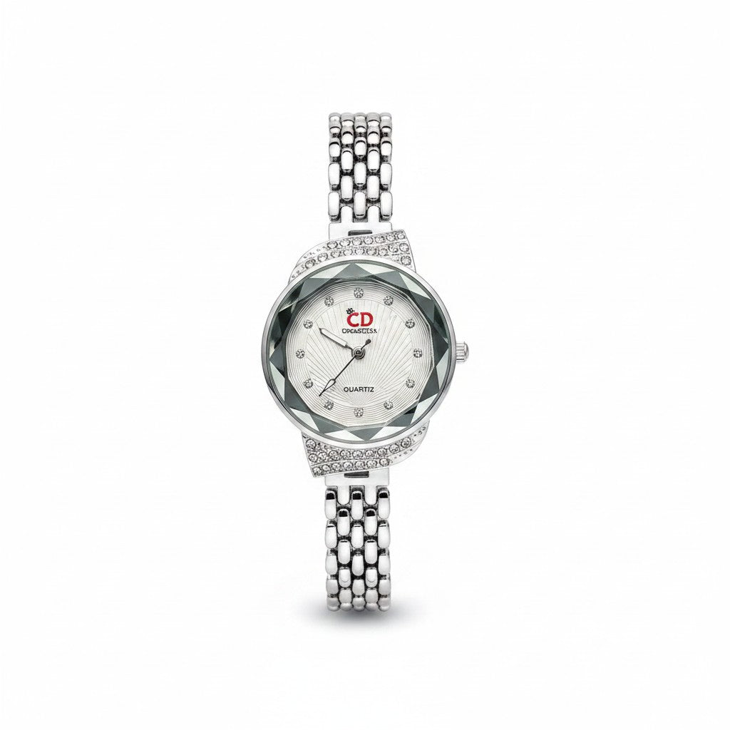 Women's Elegant Silver Bracelet Watch | Diamond-Style Bezel & Faceted Crystal