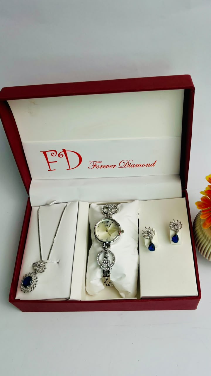 Luxury Women’s Silver & Blue Sapphire Watch Jewelry Gift Set