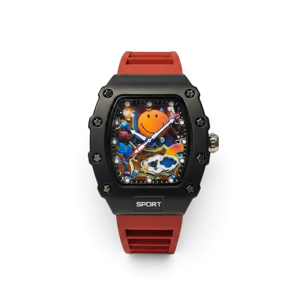 Men's Luxury Tonneau Skeleton Watch | Matte Black Frame & Red Rubber Strap