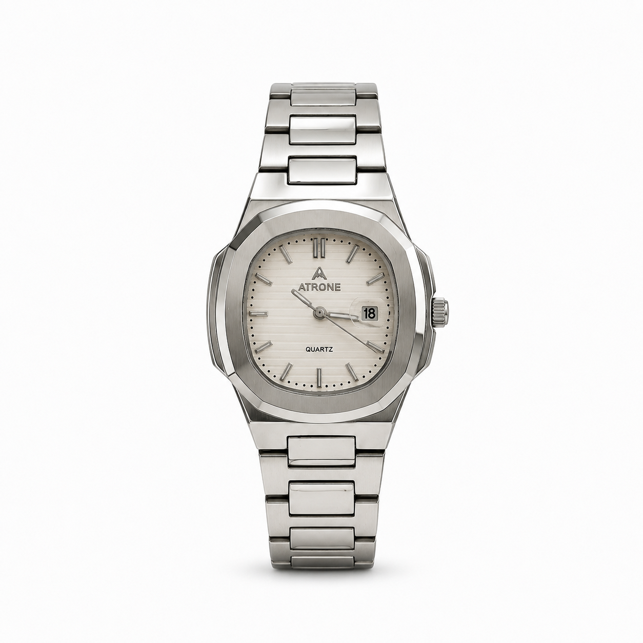 Luxury Silver Stainless Steel Octagonal Watch with Date Display | Modern Elegance