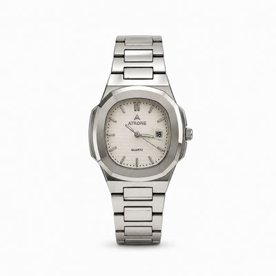 Luxury Silver Stainless Steel Octagonal Watch with Date Display | Modern Elegance