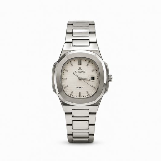 Luxury Silver Stainless Steel Octagonal Watch with Date Display | Modern Elegance