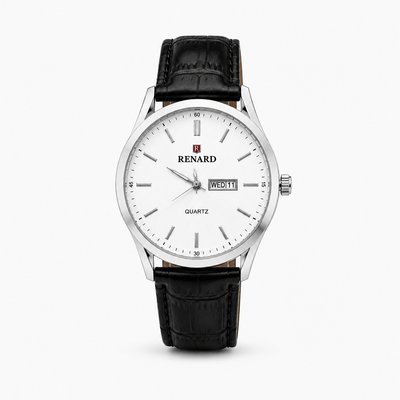 Classic Silver Dial Leather Watch with Day-Date Display | Minimalist Luxury