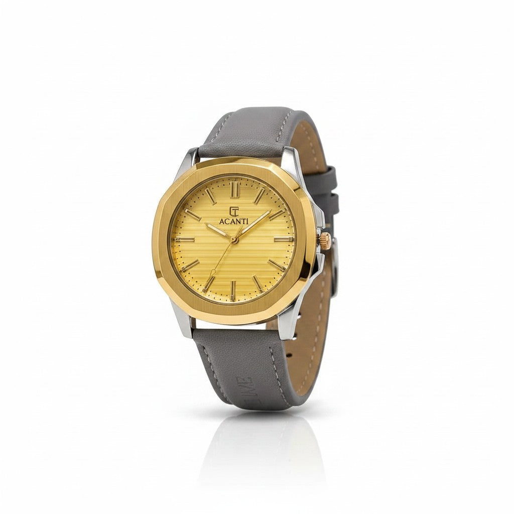 ALCANTI Classic Gold Dial Analogue Watch - Grey Leather Band