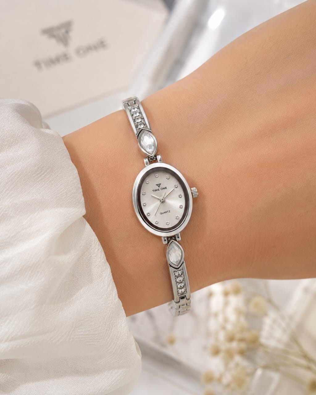 TIME ONE Women's Diamond Accent Oval Dial Bracelet Watch