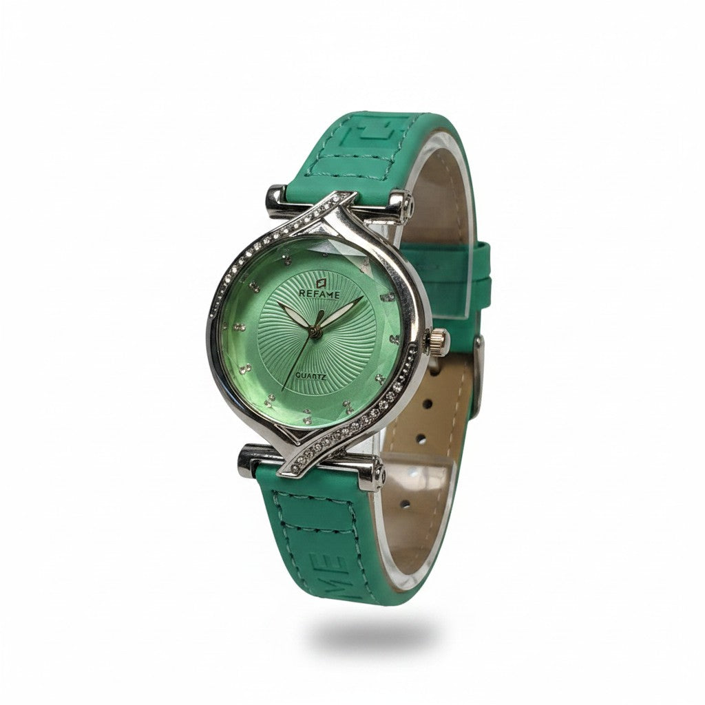 REFAME Women's Mint Green Dial Analogue Watch - Silver Rhinestone Accent