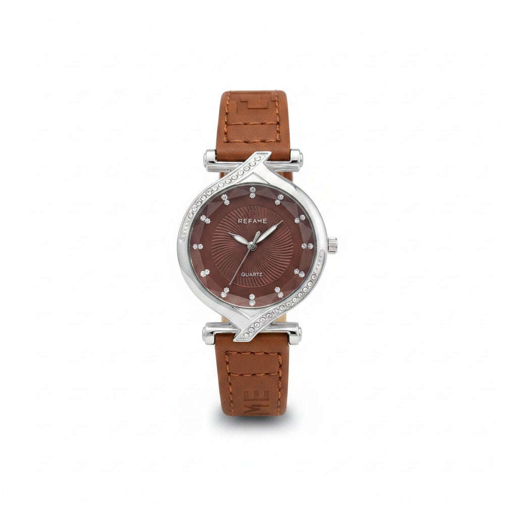 Women's Luxury Tan Brown Leather Watch | Silver Frame & Diamond-Style Crystal Bezel