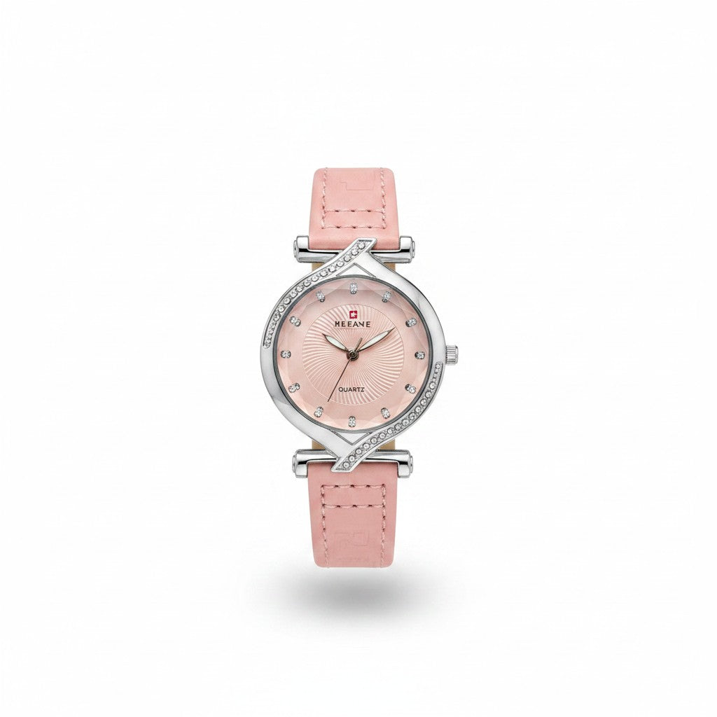 Elegant Baby Pink Leather Strap Watch with Crystal Swirl Bezel