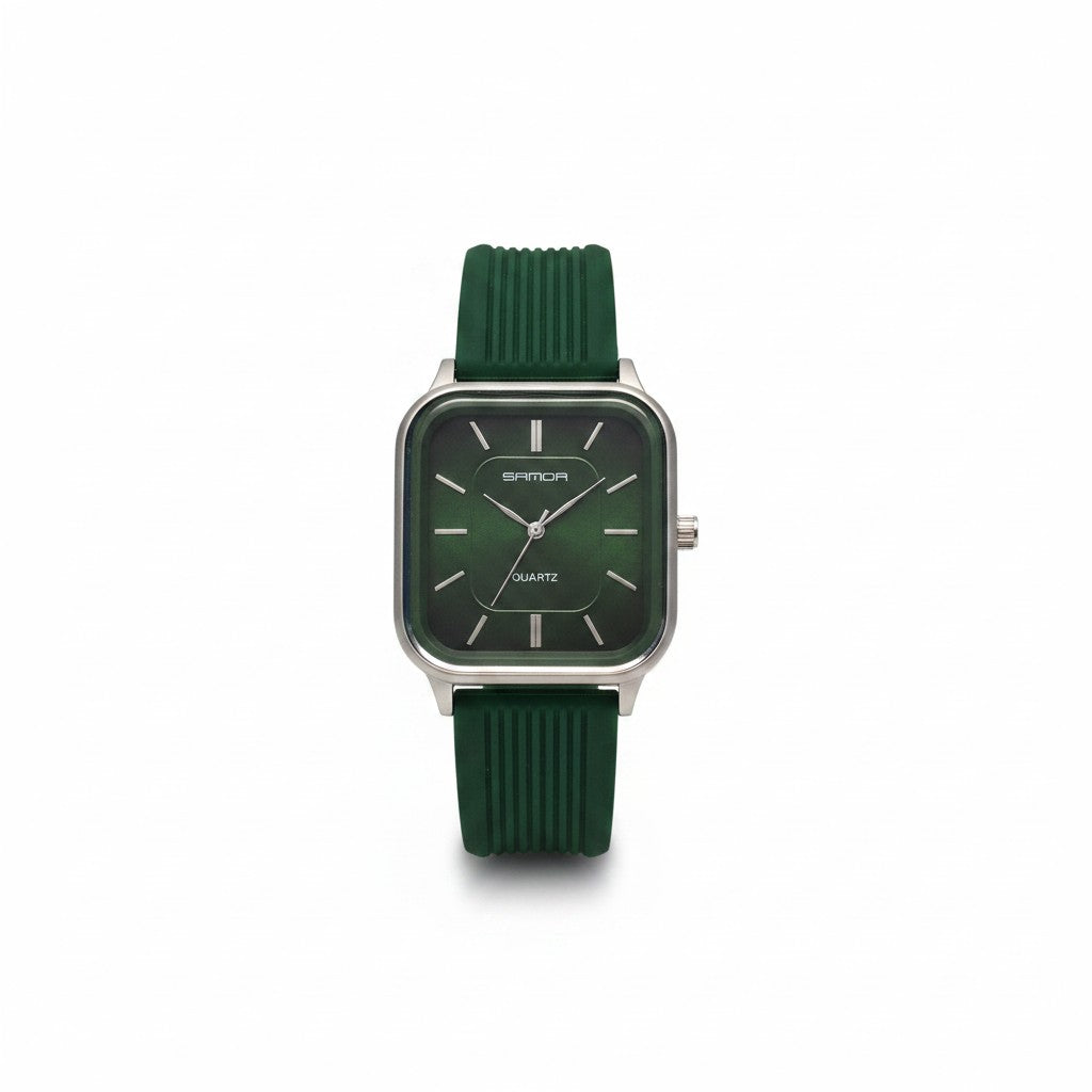 Emerald Green Square Dial Watch with Textured Silicone Strap