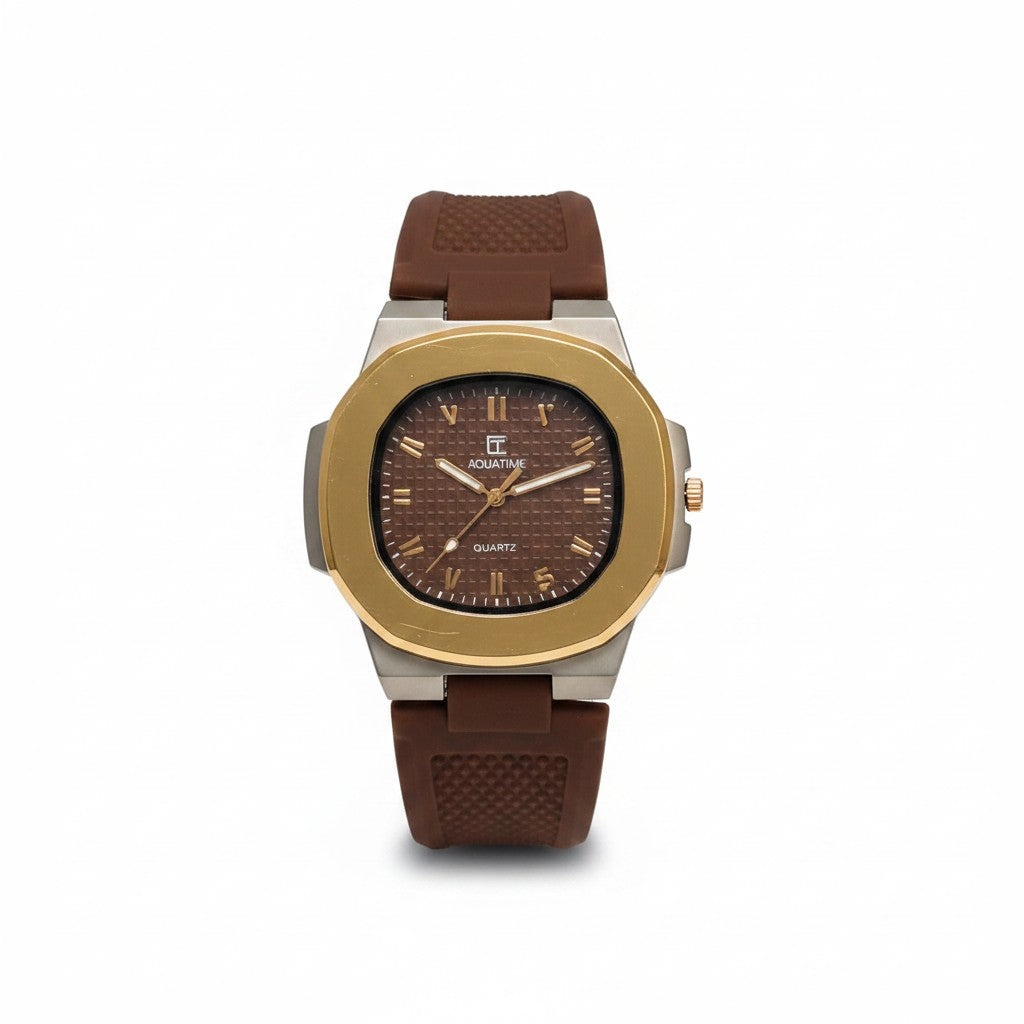 Men's Premium Brown Rubber Strap Watch | Gold & Silver Square Dial