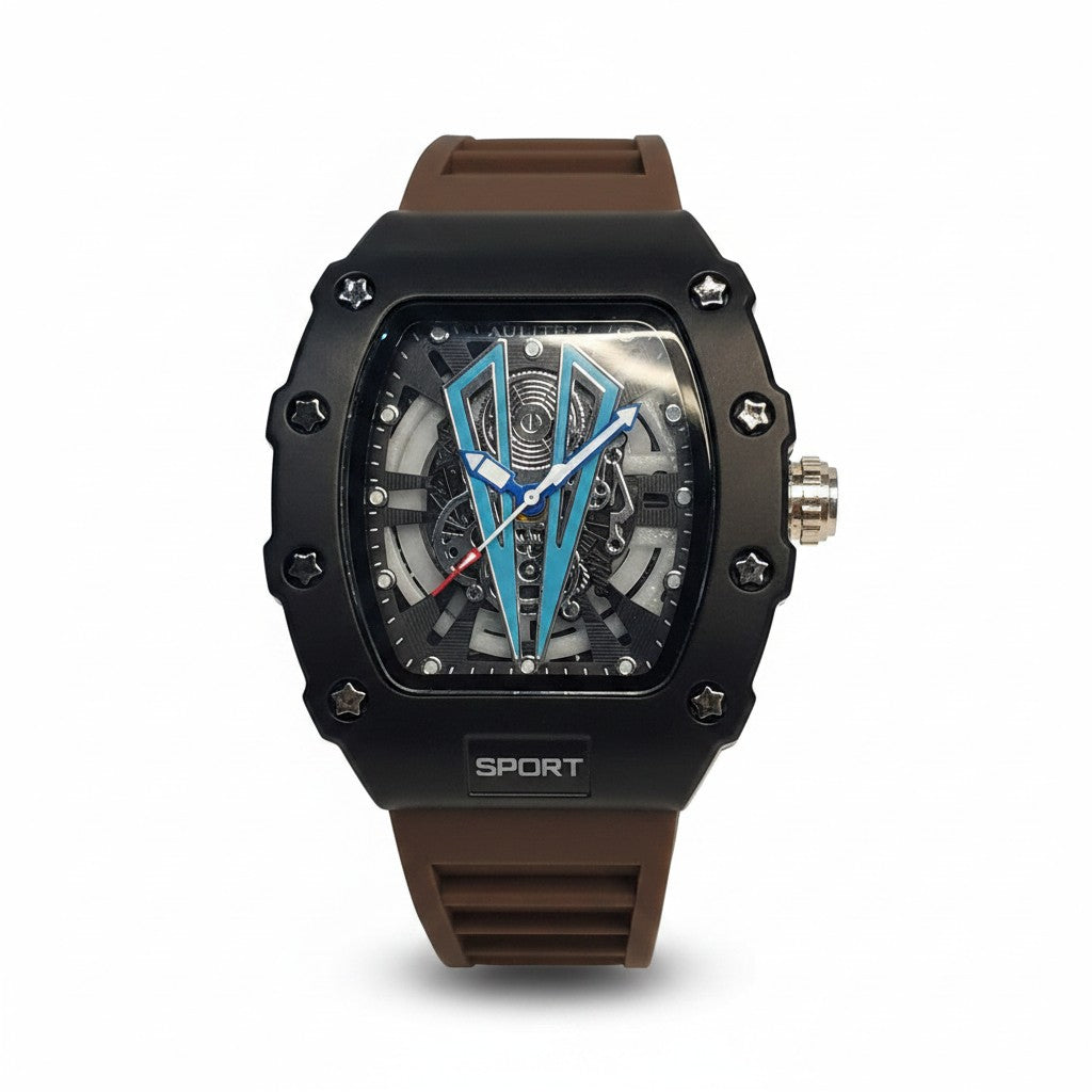 Men's Luxury Tonneau-Shaped Skeleton Watch | Black Case & Brown Strap