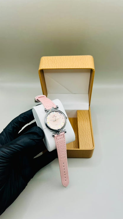 Blush Pink Leather Watch with Crystal Bezel