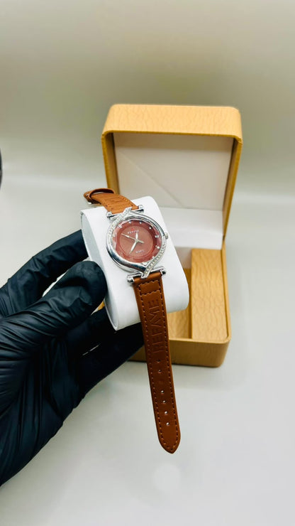 Tan Leather Strap Brown Dial Quartz Watch