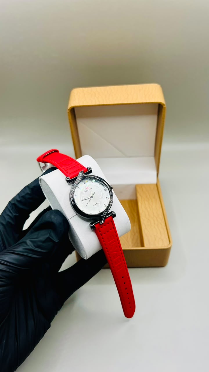 Classic Red Leather Watch with Silver Case