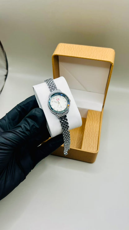 Silver Chain Watch with Jeweled Bezel