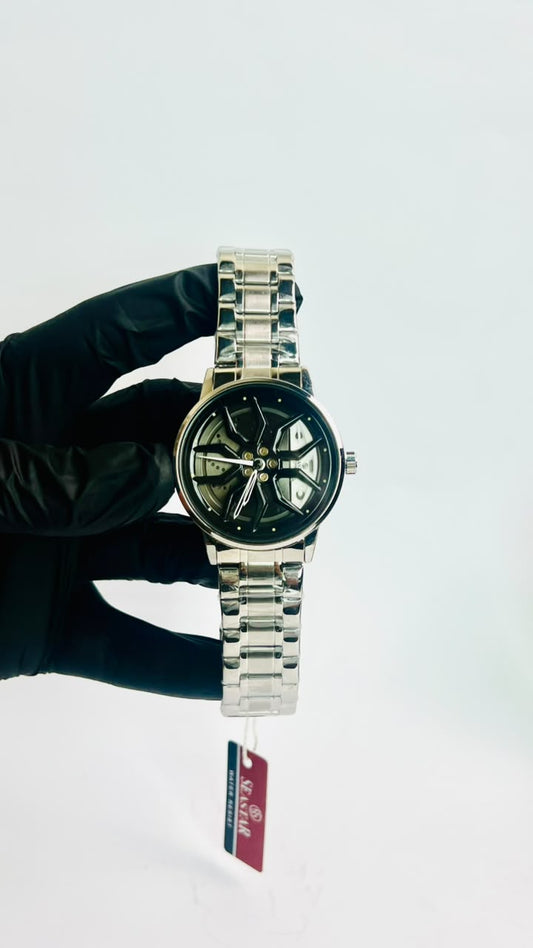 Car Wheel Rim Spinner Silver Watch