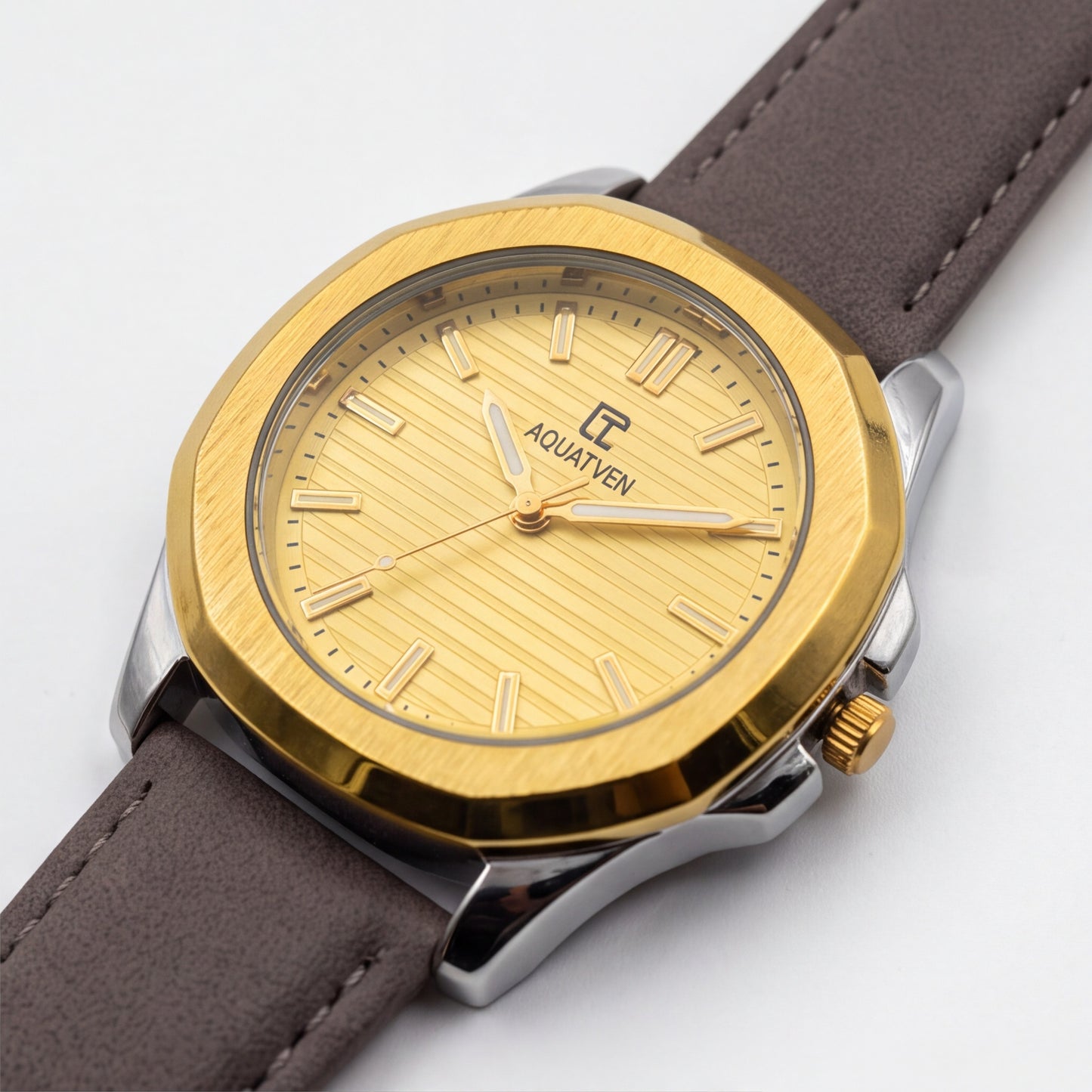 ALCANTI Classic Gold Dial Analogue Watch - Grey Leather Band