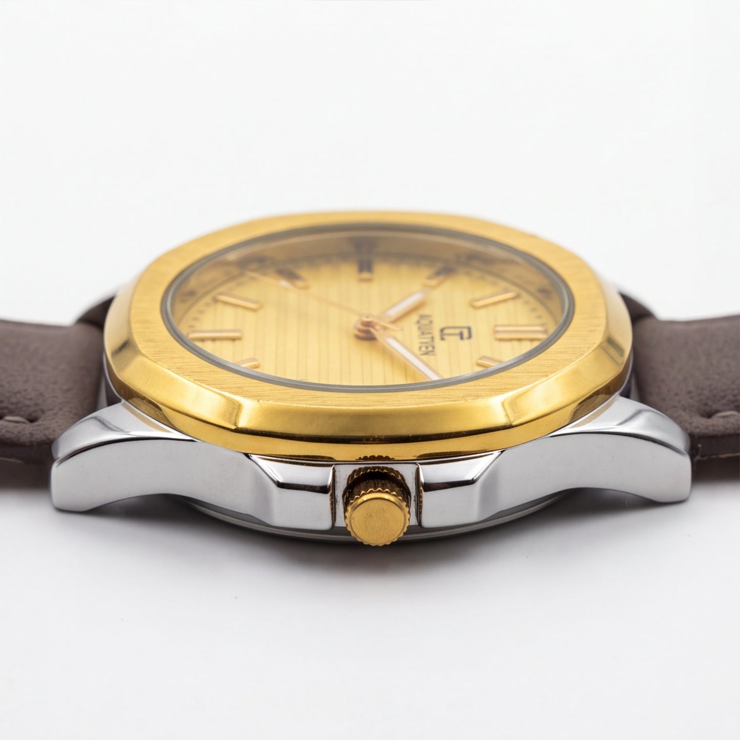 ALCANTI Classic Gold Dial Analogue Watch - Grey Leather Band