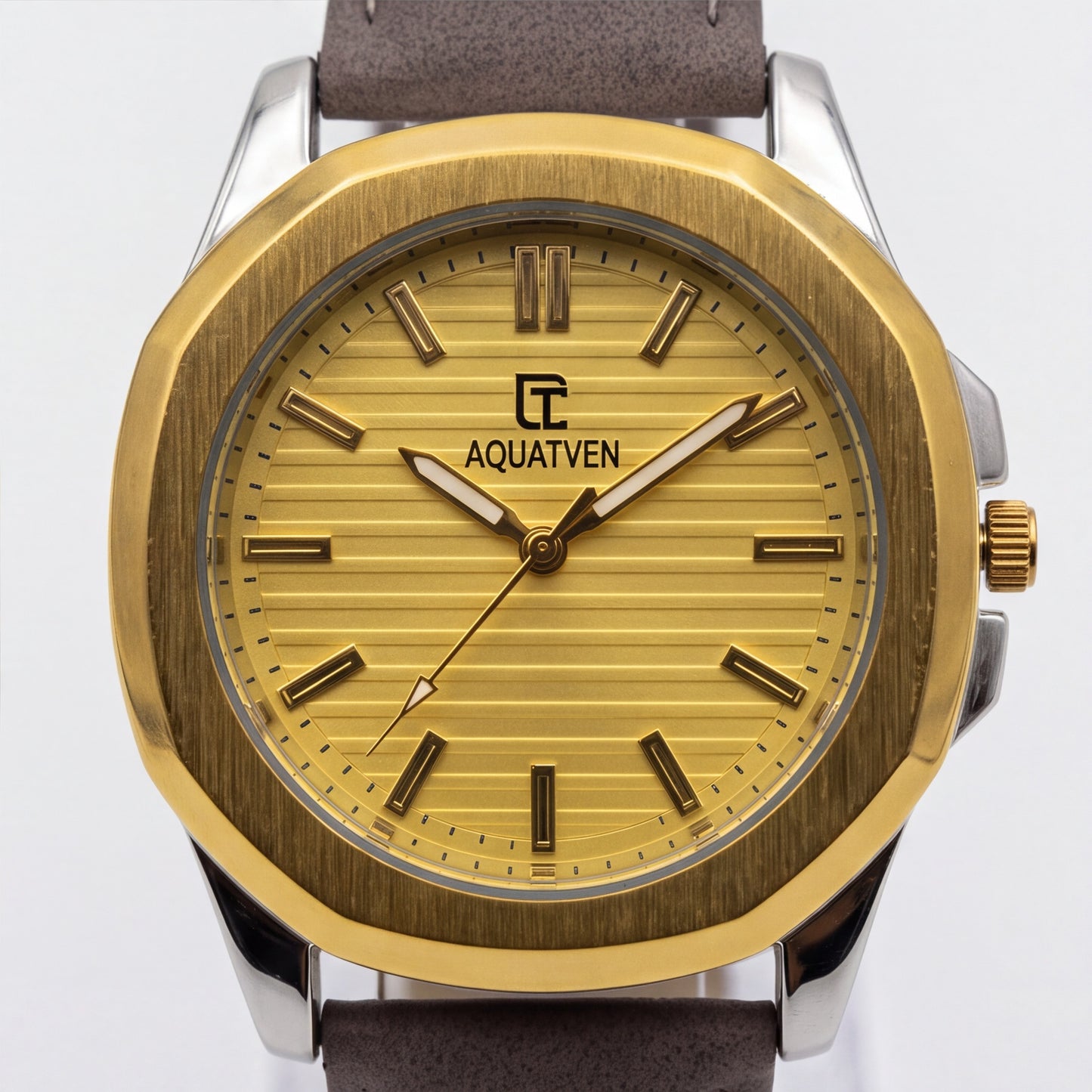 ALCANTI Classic Gold Dial Analogue Watch - Grey Leather Band