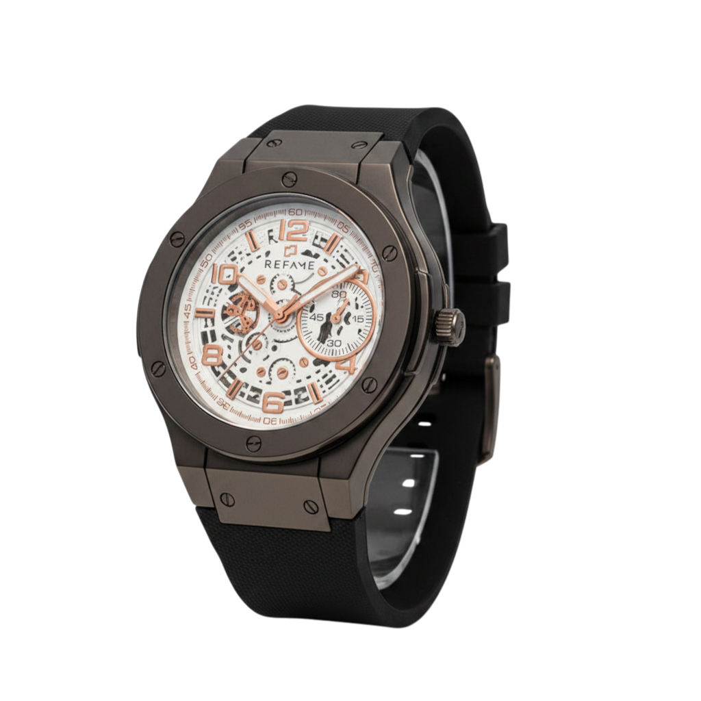 Men's Premium Matte Black Chrono-Style Skeleton Watch | Rose Gold Details