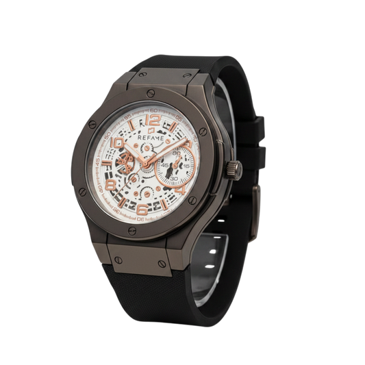 Men's Premium Matte Black Chrono-Style Skeleton Watch | Rose Gold Details